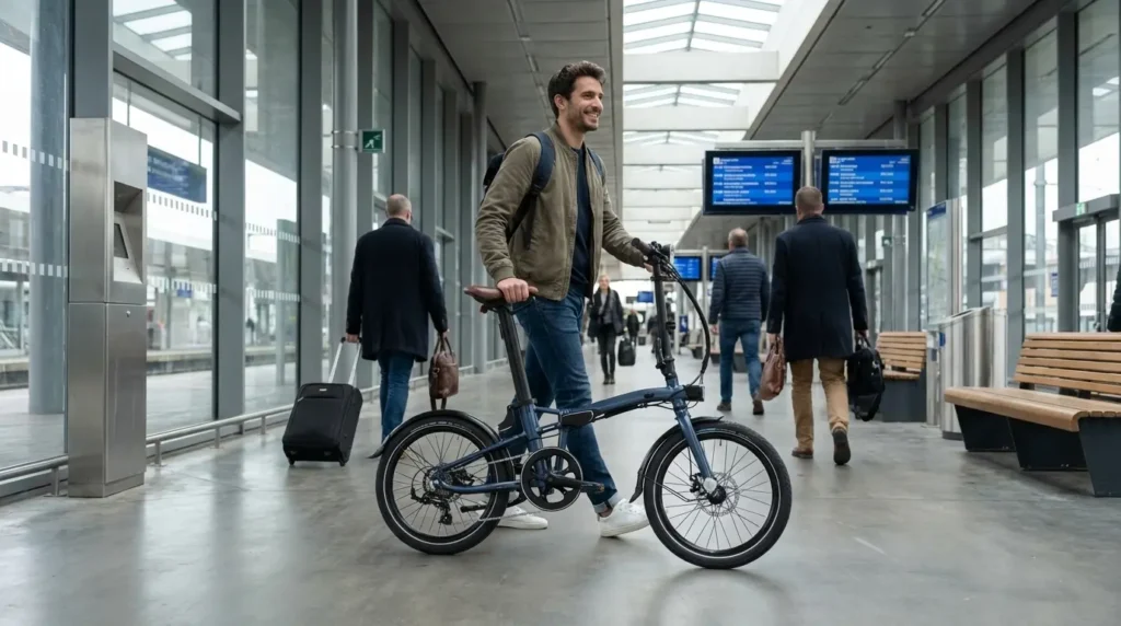 vélotafeur dans une gare avec son e fold 900