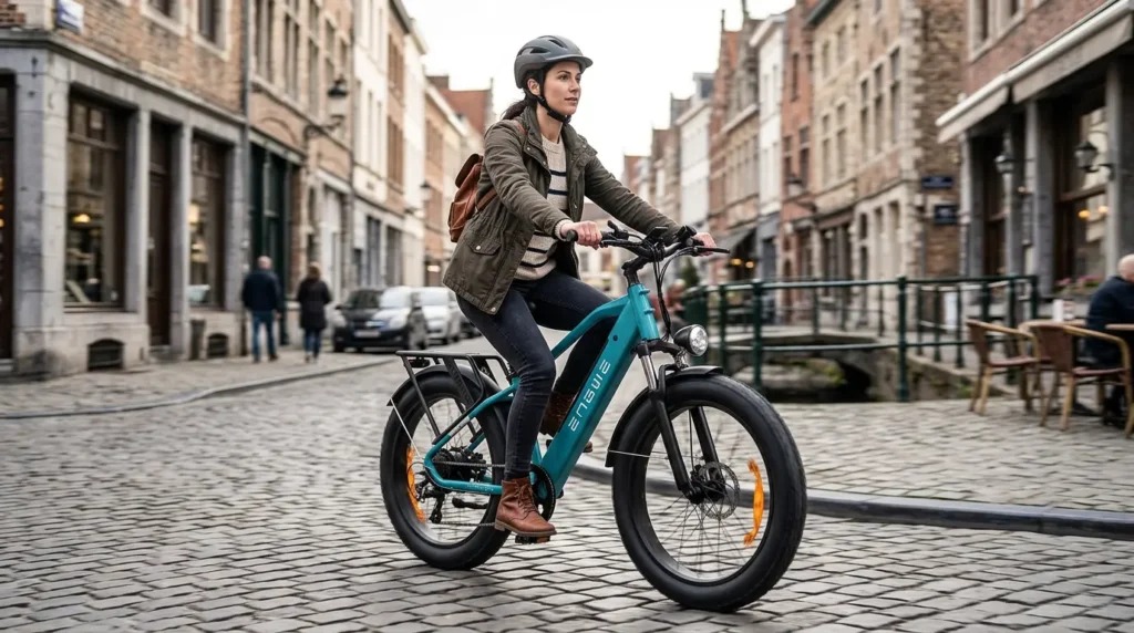 vélotafeuse sur une rue pavé avec un engwe e26