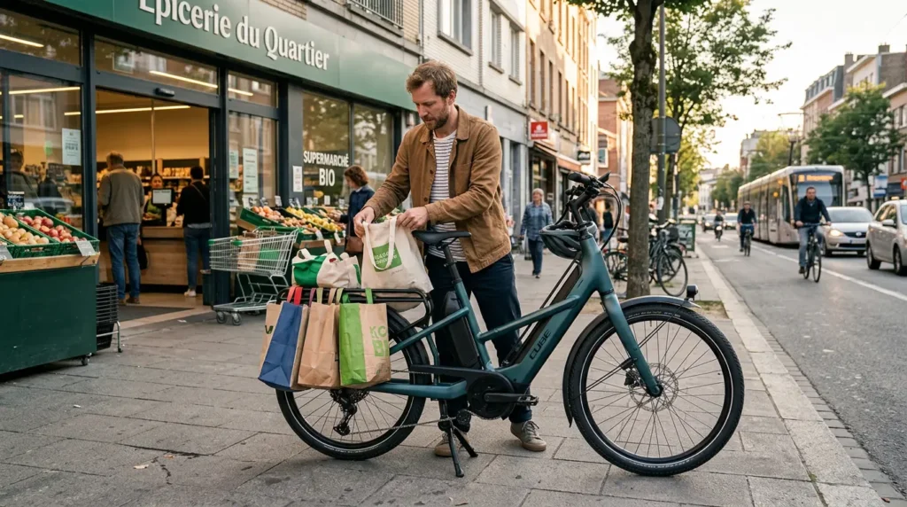 cycliste avec un vélo cargo cube faisant ses courses