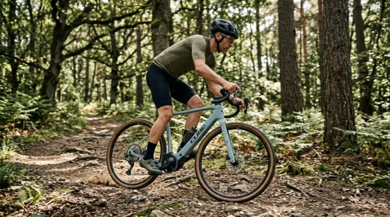 cycliste sur un cube gravel en descente sur chemin de forêt