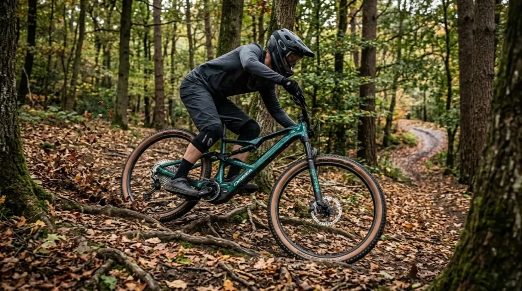 vtt électrique orbea en descente dans les bois