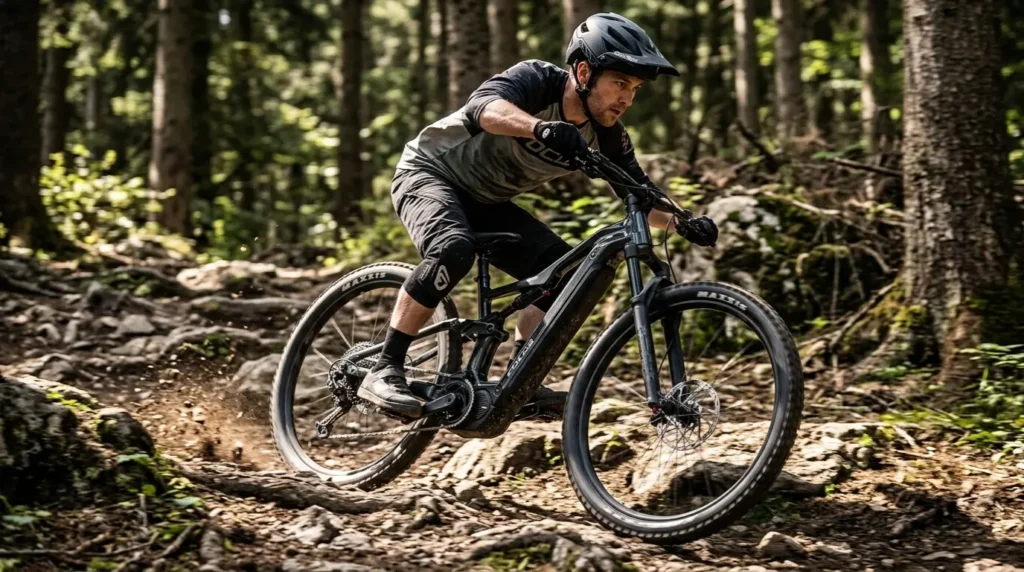 descente en forêt avec le vtt électrique focus thron²