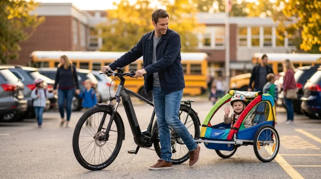 focus aventura² équipé d'une remorque pour enfant