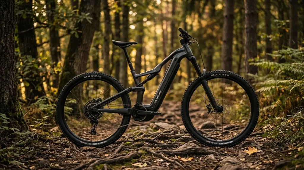 vtt électrique focus thron² en forêt