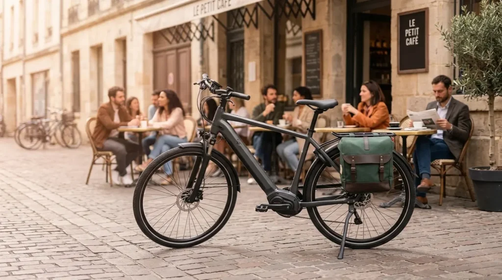 vélo urbain électrique orbea diem 30 devant une terrasse de café