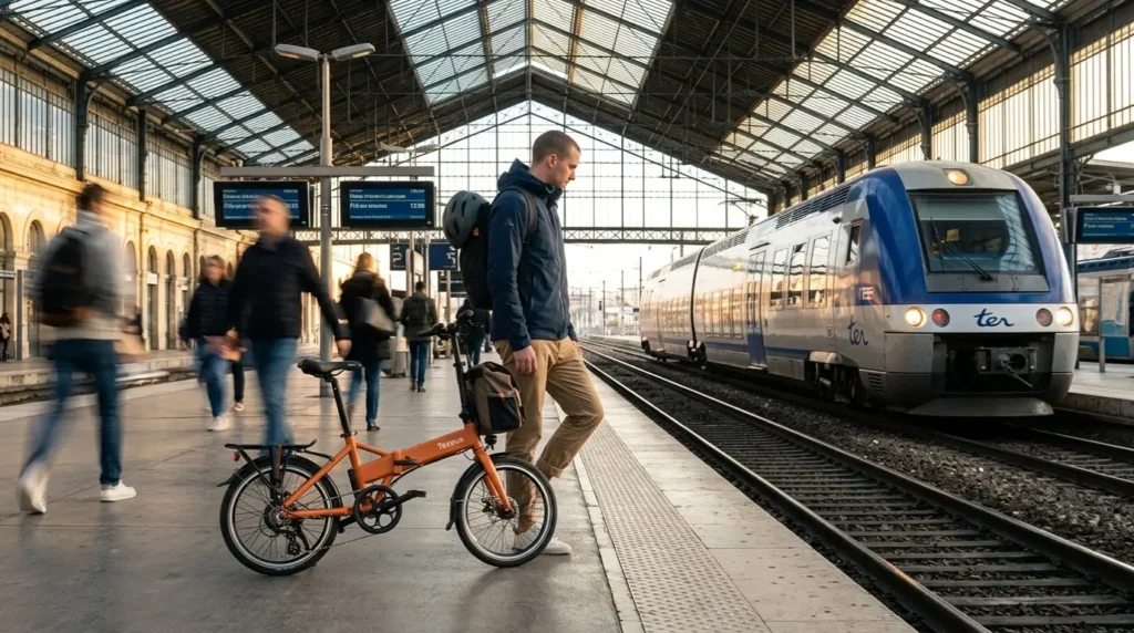 citadin sur le quai d'une gare avec son tezeus swift