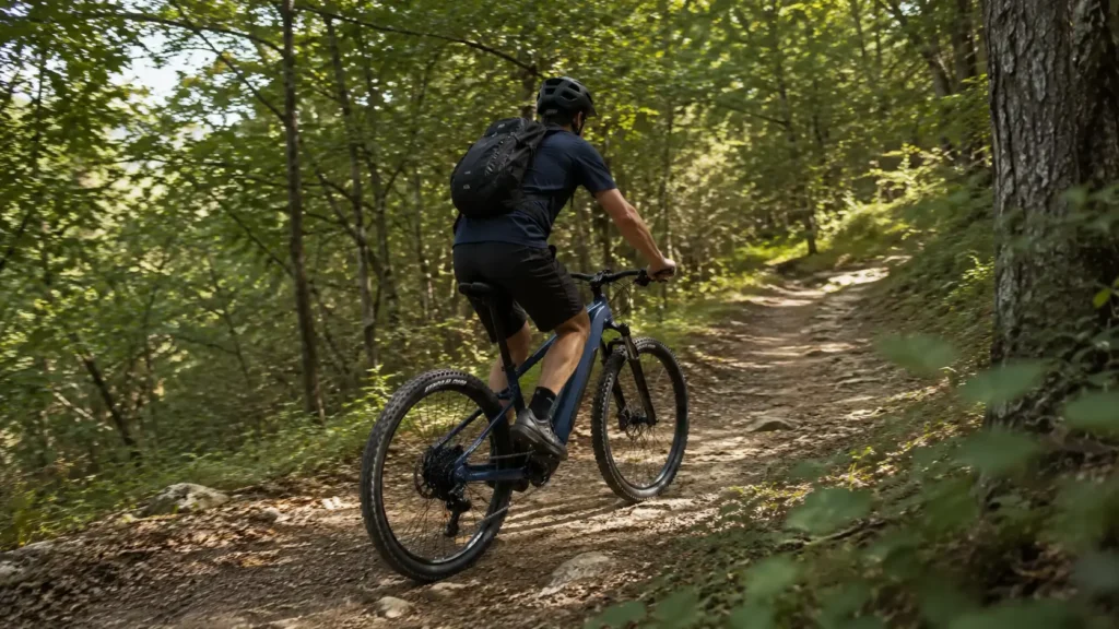 montée sur un chemin forestier avec un rockrider e expl 140
