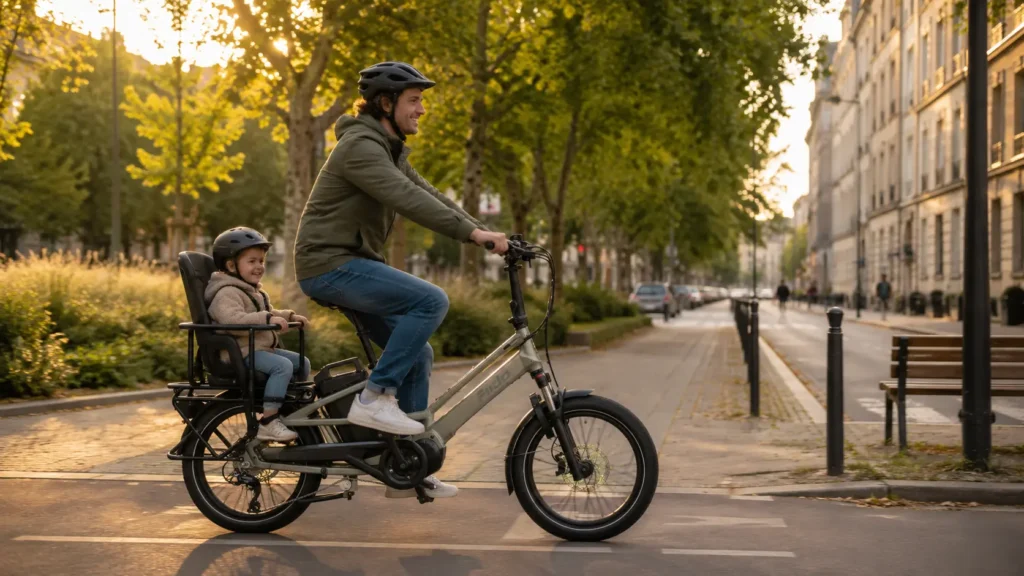 père et son enfant sur un fiido t3 max