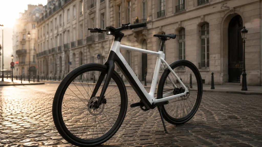 tezeus c8 sur béquille sur une place en pavé