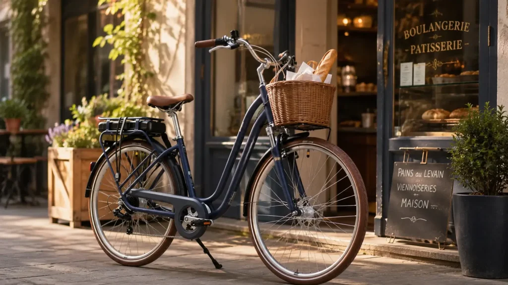 vélo électrique elops 900 e garé devant une boulangerie