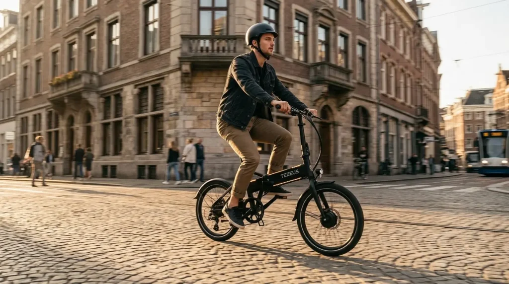 vélotafeur sur une route pavée avec un tezeus swift