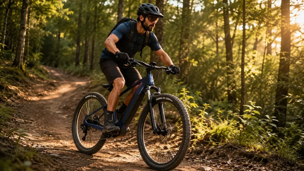 vététiste en descente sur un rockrider e expl 140