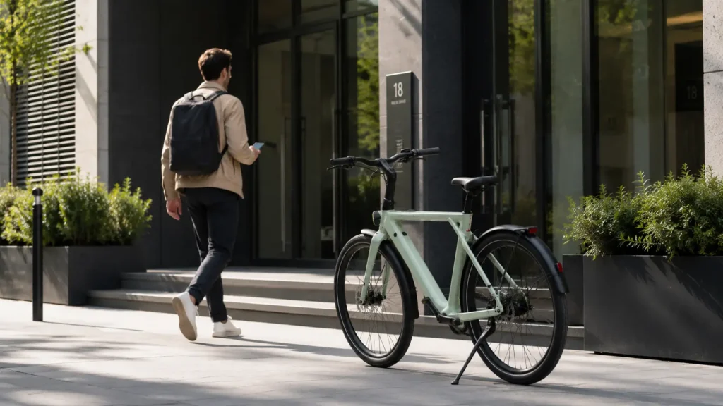 tenways cgo009 garé sur un trottoir devant un immeuble