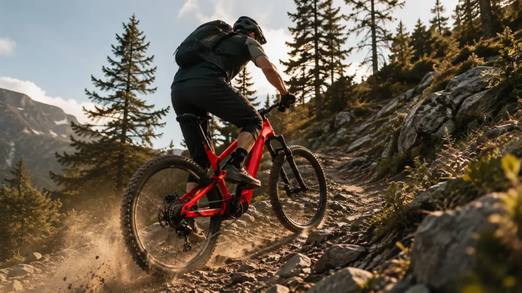 vététiste en montée avec un rockrider e expl 520 s