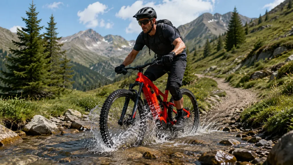 vététiste passante un cours d'eau avec son e expl 520 s