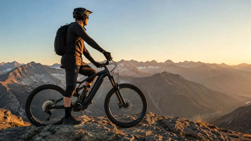 vététiste sur son e feel 900 en haut d'un sommet
