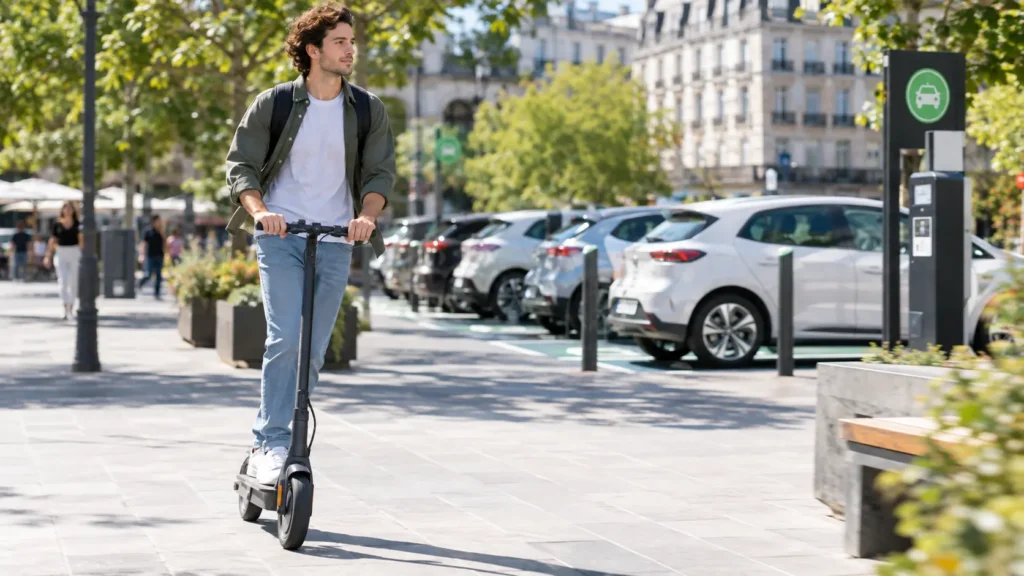 citadin se déplaçant sur une trotinette électrique