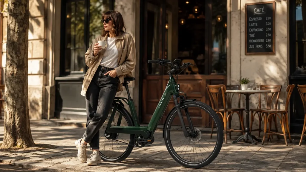 femme en pause avec son vélo électrique tenways