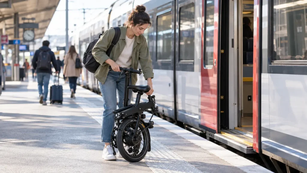 femme montant dans un train avec son vae pliant