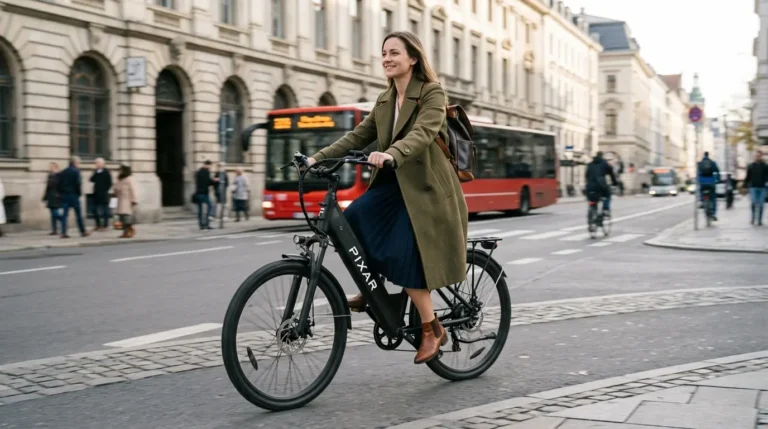 femme sur piste cyclable avec son pixar cruiser
