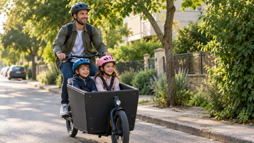 père et ses enfants sur un vélo cargo