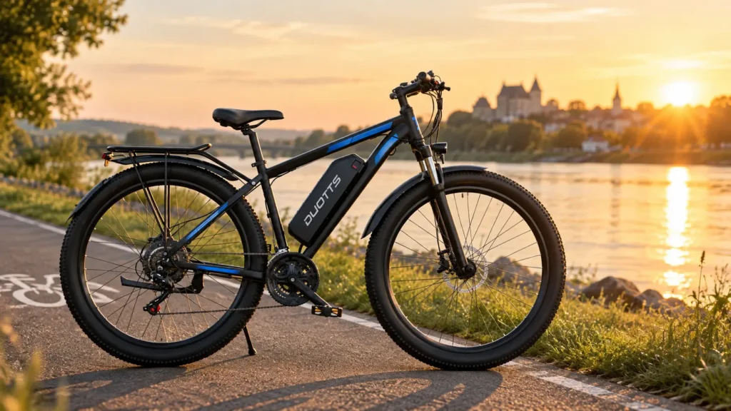 vélo duotts c29 sur béquille sur une piste cyclable