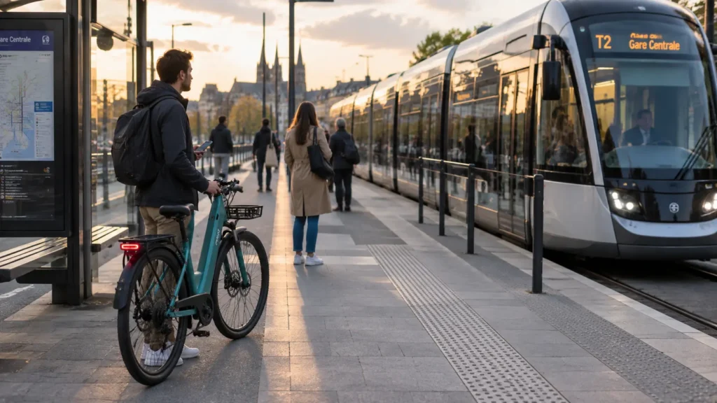 vélotafeur prenant le tramway