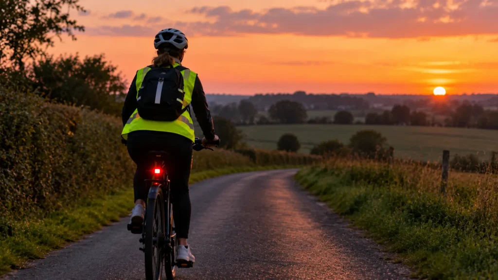 cycliste avec gilet jaune sur route de campagne au crépuscule