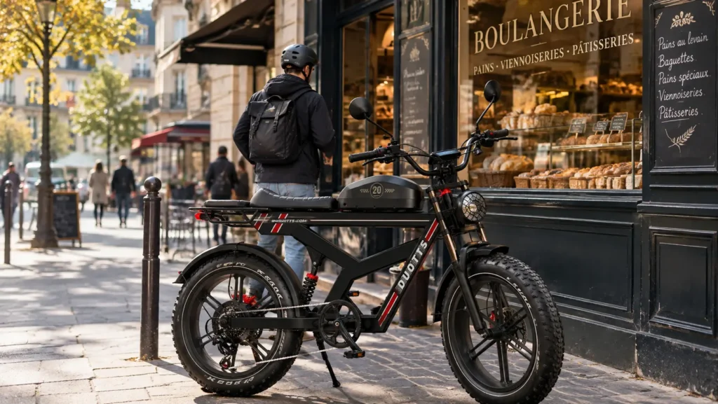 cycliste qui se gare devant une boulangerie avec son duotts f20