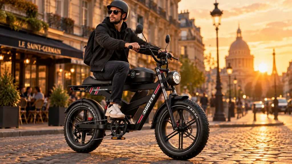 cycliste sur son duotts f20 sur une rue pavée