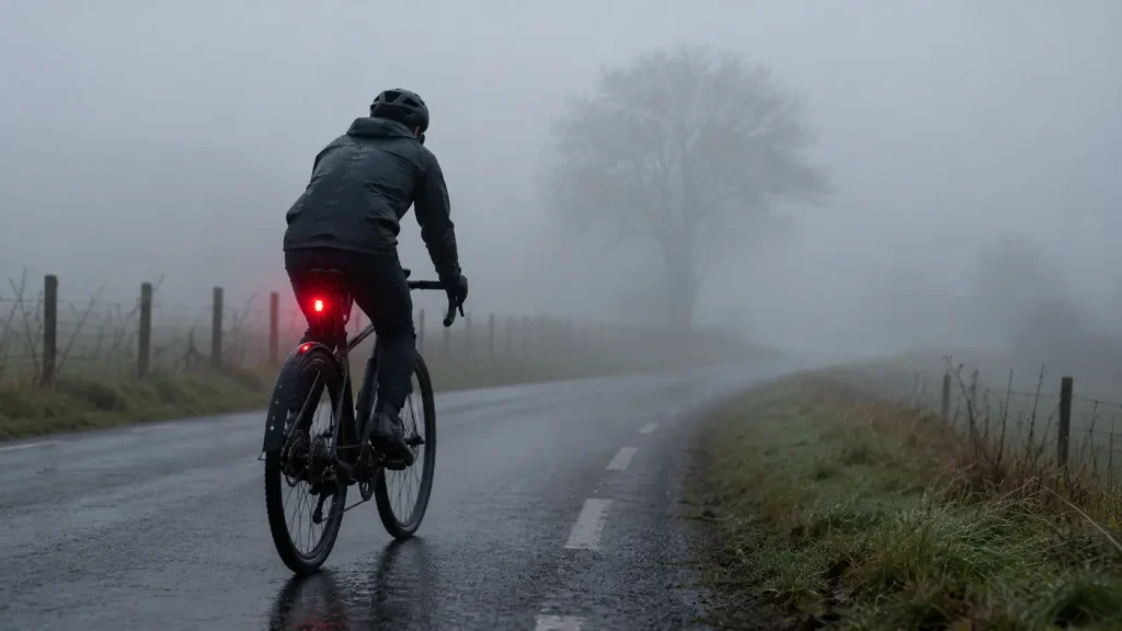cycliste sur une route de campagne un matin de brouillard