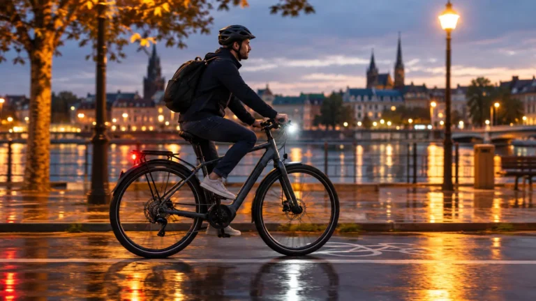 cycliste urbain sur une piste cyclable à la tompbée de la nuit