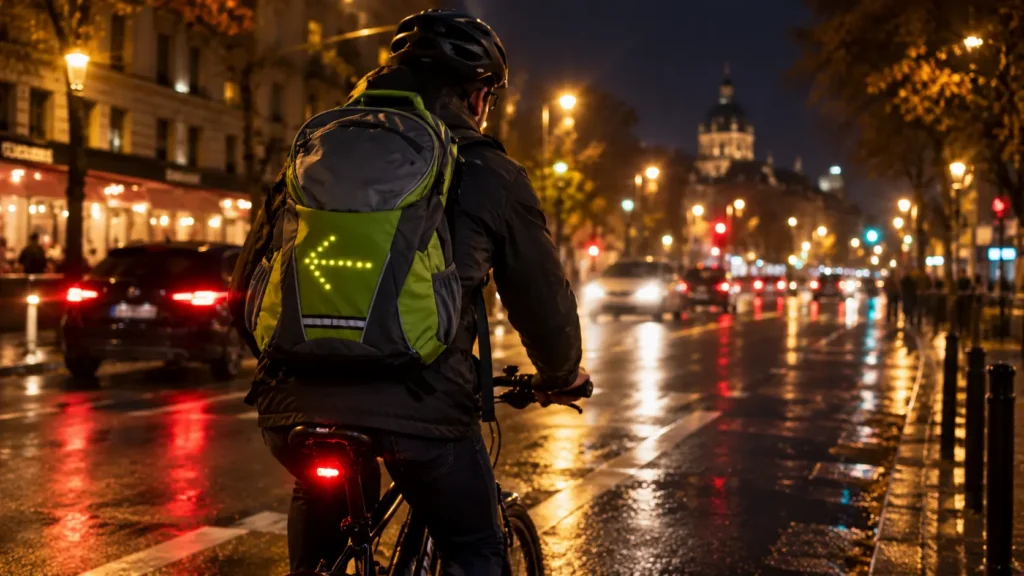 eclairage arrière de vélo allumé dans une ville de nuit