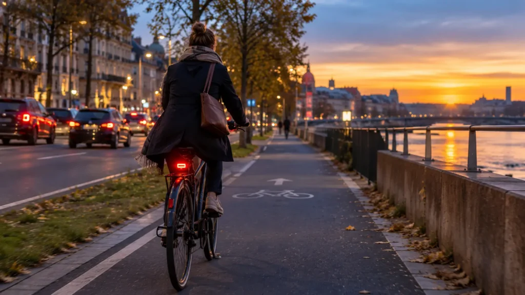 femme en vélo au coucher de soleil