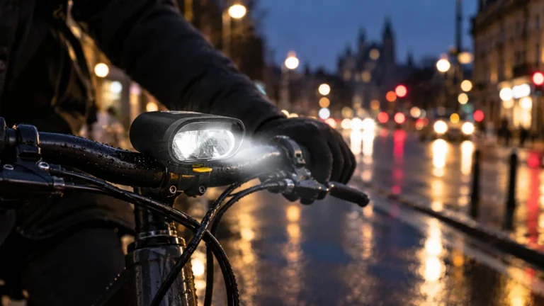 gros plan sur un éclairage avant de vélo