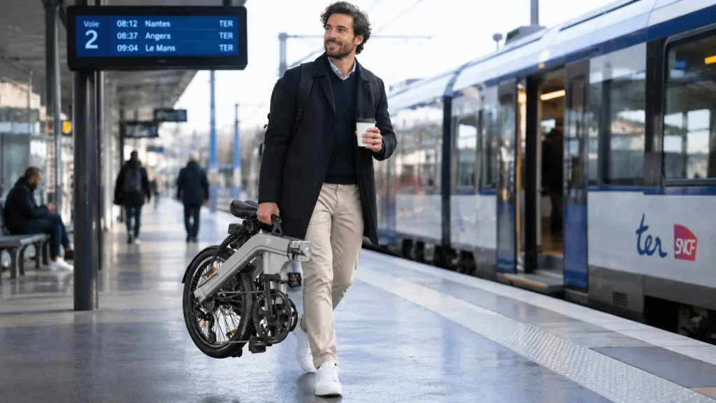 travailleur sur le quai d'une gare avec son vélo électrique pliant
